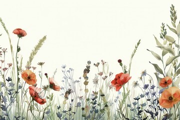 A watercolor painting depicting a vibrant summer field with wildflowers and grasses in shades of green, orange, and red. Generative AI © Anat art