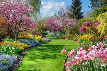A garden bursting with colorful flowers next to a lush green field under the spring sun, A tranquil spring garden bursting with colorful flowers and blooming trees