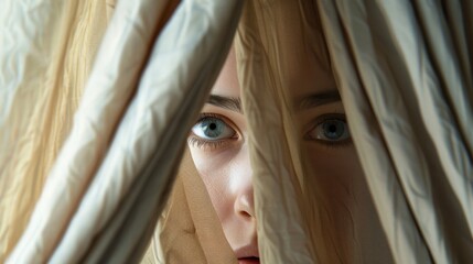 An young woman looks out from behind a beige curtain.
