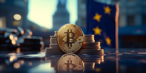 a stack of coins with a bitcoin symbol on it