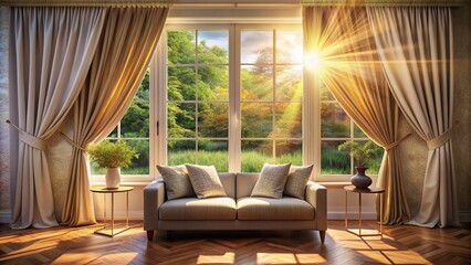 Fototapeta premium Cozy living room interior with open window, curtains flowing, and sunbeams illuminating the empty space, conveying a sense of freedom.