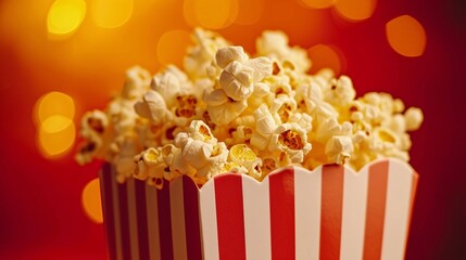 a red and white striped container with popcorn