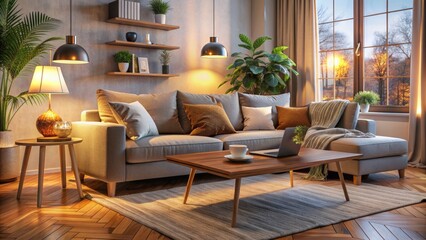 Cozy living room interior with modern sofa, coffee table, and laptop on it, surrounded by warm lighting and soft furnishings.