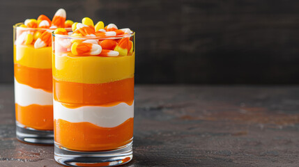 Two glasses of orange and white dessert with candy on top