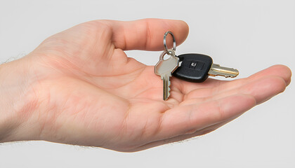 hand holding car remote isolated on white background