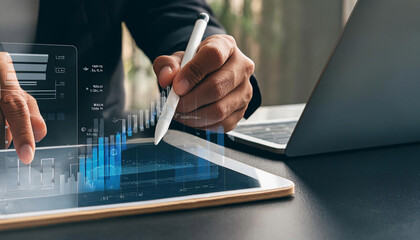hand using tablet analyzing sales data and financial report, business growth graph chart. digital marketing planning and strategy, financial report, business, finance and investment concept