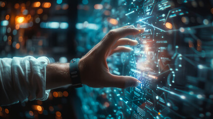Close-up of a man's hand reaching for a digital modern screen with technological lines and nodes. Technology and business concept.