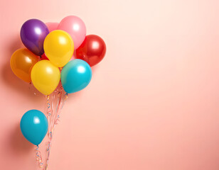Group of colorful balloons against a soft pink background. Cheerful and festive vibe. Copy space. Space for text or visual elements.