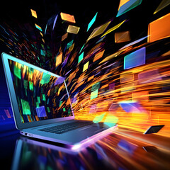 Futuristic Computer Concept with Abstract Rainbow Background