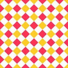 Red, yellow, white rhombus print. Argyle diamond backgrounds. Checkered lozenge seamless pattern. Vector illustration. Diagonal plaid texture. Modern geometric backdrop.