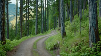 Obraz premium wiinding mountain trail leading through a dense forest of towering trees and dappled sunlight filtering