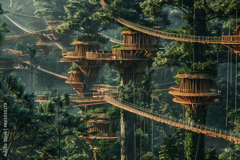 Poster a group of treehouses connected by bridges in the midst of a dense forest, a treehouse village conne