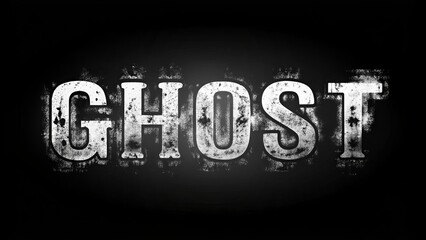 Eerie black and white illustration of a stylized ghost word in bold, distressed, spooky font on dark background.