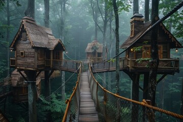 A tree house nestled in the midst of a dense forest, surrounded by tall trees and lush greenery, A treehouse village connected by suspended bridges and ziplines