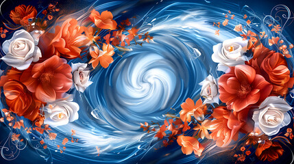 A blue and orange flowery background with a white and red flower in the center. The background is a swirl of water and the flowers are scattered throughout the image
