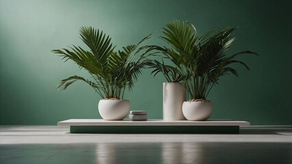 Fototapeta premium A white table with two white vases and two green plants on it