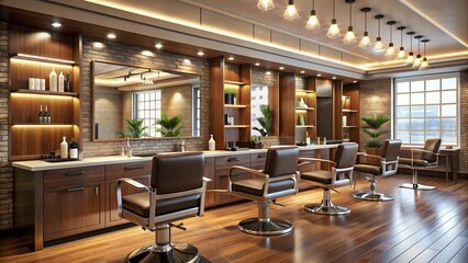 Luxurious hair salon interior with sleek countertops, leather chairs, and modern equipment, awaiting a beauty transformation, warm lighting ambiance.