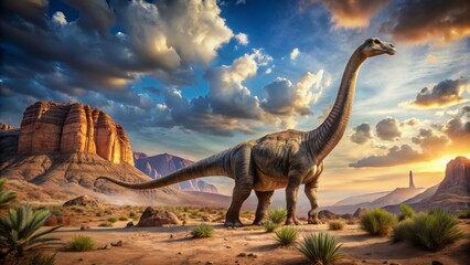 A dramatic landscape featuring a massive Apatosaurus walking alone in a vast arid desert surrounded by rocky outcrops.