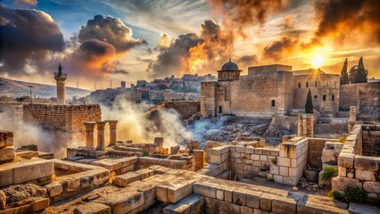 Fototapeta premium Ancient Jerusalem's ruins with smoldering Temple remains, crumbling stone walls, and scattered scrolls amidst destruction and desolate landscape backdrop.