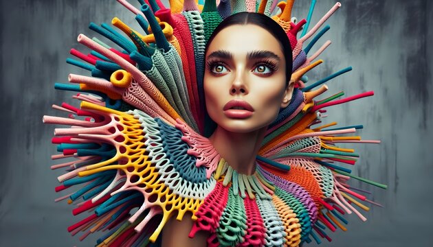 Fotograf&iacute;a editorial para revista, moda, alta costura, Prendas creativas, tejido a crochet, jedido a palillo, tejido de lana, tendencias, foto de moda, modelo, mujer, creatividad, variopinto, vestidos