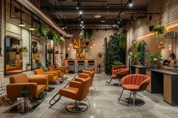Naklejka premium A contemporary hair salon featuring orange chairs and mirrors creating a stylish atmosphere, A trendy hair salon with stylish decor and a welcoming atmosphere