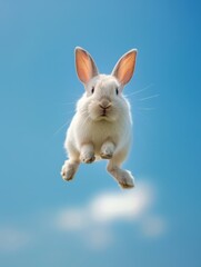 Obraz premium Flying rabbit against a background of blue sky and clouds. Animal in the air