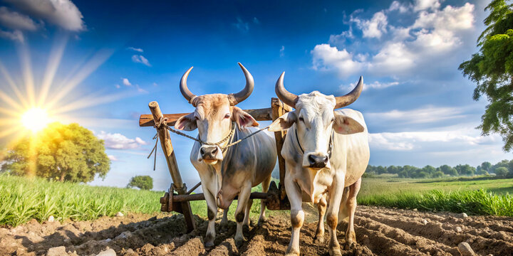 Oxen plowing field under bright blue sky