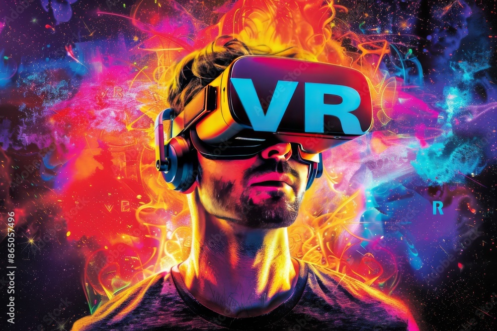 Poster man using vr headset with artistic background, experiencing immersive virtual reality technology in 