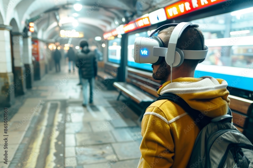 Poster man using vr headset in a subway, experiencing immersive virtual reality technology in a public tran