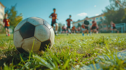 Students participating in a physical education lesson play football on the school field