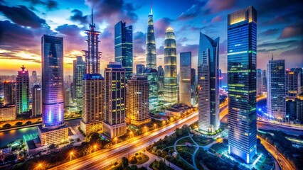 Obraz premium Brightly lit modern cityscape with sleek skyscrapers, neon lights, and bustling streets, showcasing technological advancements in urban architecture.