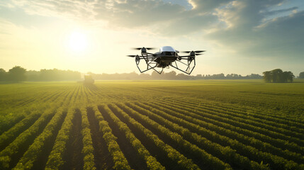 drone over farm fields, monitoring, analyzing crop health. Agricultural drone in modern farming
