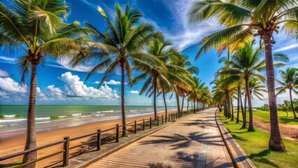 Naklejka premium Scenic walkway bordering Atalaia Beach in Aracaju,<|start_header_id|>assistant palm trees align coastal horizon,<|start_header_id|>assistant serene blue skies.