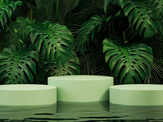 3D display podium with monstera palm leaves on a pastel beige background. Minimal Jungle features exotic greenery to promote products. Vertical tube platform for branding banners. 3D rendering