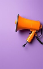 Orange megaphone on a purple background. Bright and vibrant communication concept. Space for text or design. High-resolution stock photo.
