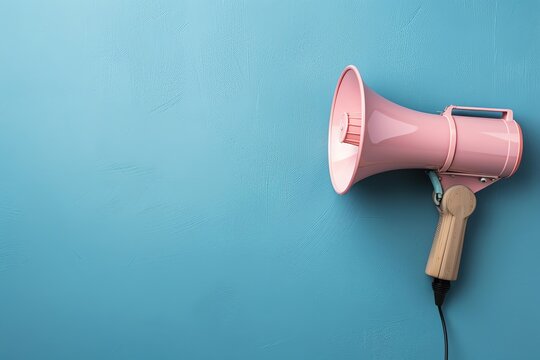 Pink megaphone on a blue background, symbolizing communication, announcement, or broadcasting, with copy space for text or message.