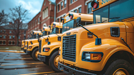 A row of shiny new school buses is parked in front of a large brick school building