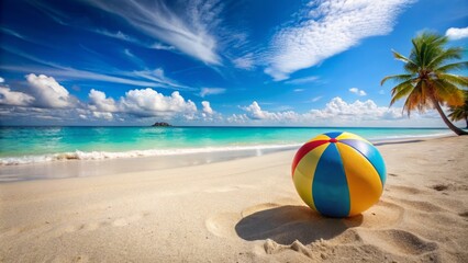 Obraz premium A serene and deserted tropical beach scene featuring a solitary, vibrant, and partially deflated beach ball lying on pristine sand.