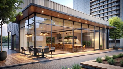 Modern urban coffee shop exterior features sleek floor-to-ceiling glass facade minimalist logo and elegant outdoor seating area atmosphere.