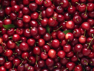 High-quality photograph of a mound of fresh and juicy cherries, decorated with garland juice, shot overhead in natural light with clear focus and high contrast