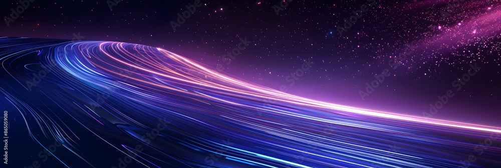Poster bright blue light trails curve dynamically against a dark background, creating a sense of speed and 