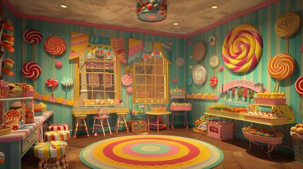 A vintage candy store guest room with retro candy store decor, colorful candy displays, old-fashioned sweets, and playful candy experiences for a sweet and whimsical escape.