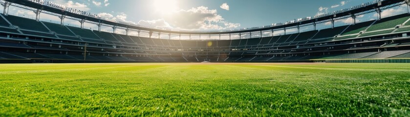 A wide view of an empty stadium with green grass under a sunny sky, perfect for sports events and large gatherings.