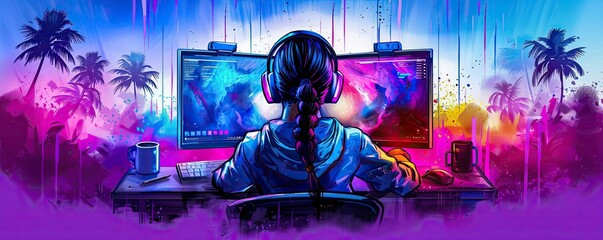 Gamer girl with headset immersed in vibrant game world on dual monitors, surrounded by tropical palm trees and colorful background.