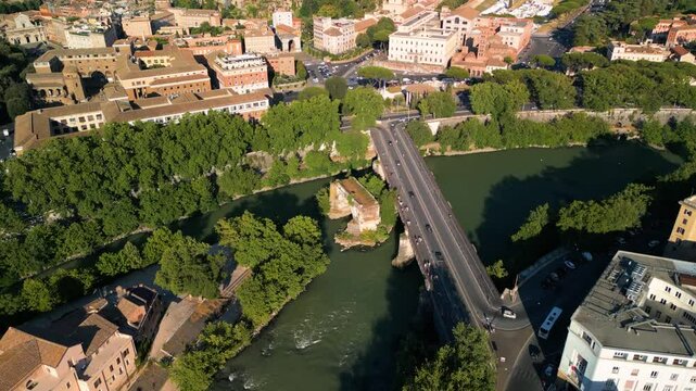 Aerial View of Pons Aemilius, Oldest Roman Stone Bridge in Rome, Italy. Ponte Emilio