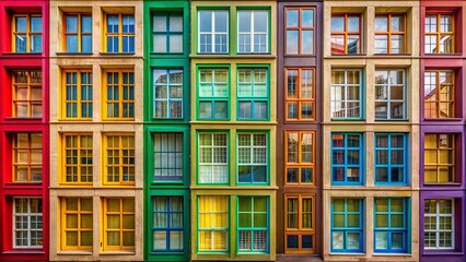 Vibrant multi-colored window frames with panes, varying in size, adorn a neutral background, evoking a sense of modern architectural elegance.