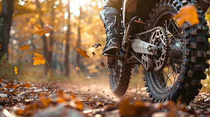 Fototapeta premium motocross enduro motorcycle rides off-road in the forest in autumn.