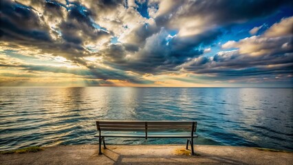 Serene yet melancholic seascape with vast open waters, distant horizon, and a solitary bench, evoking feelings of longing and departure.