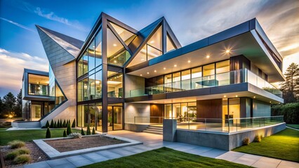 Contemporary architectural masterpiece with sharp angular lines, gleaming metallic surfaces, and vast expanses of glass radiating luxury and sophistication.