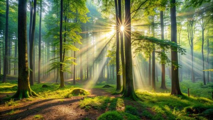Serene misty morning in a tranquil forest with sunbeams filtering through towering trees and lush green foliage carpeting the ground.